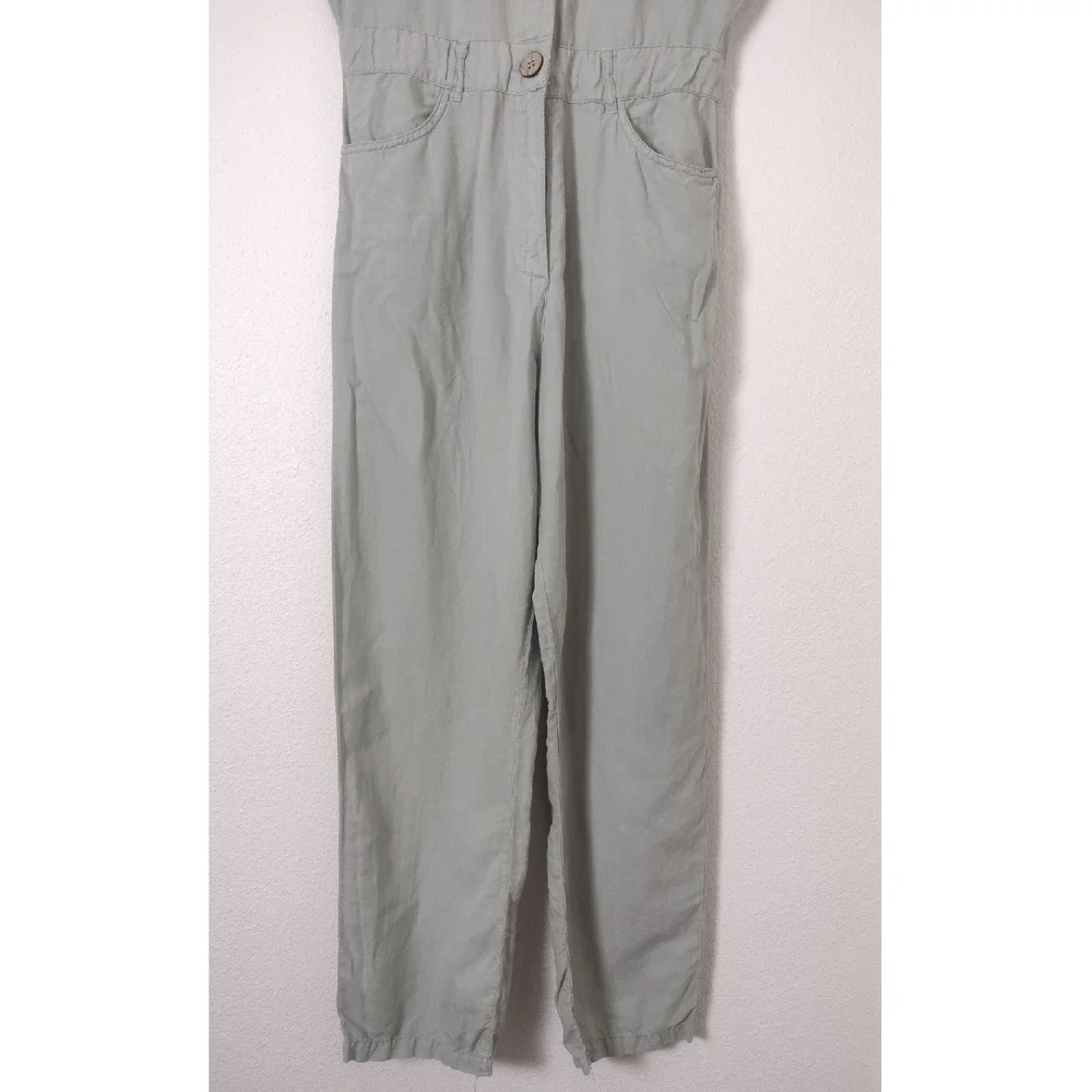 Zara Linen Cotton Short Sleeve Button Front Jumpsuit Green Size S
